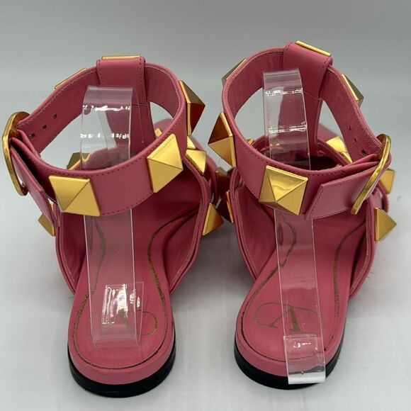 Valentino Roman Stud Leather Ankle Strap Flat Pink IT 37/ US 7 - Picture 5 of 14